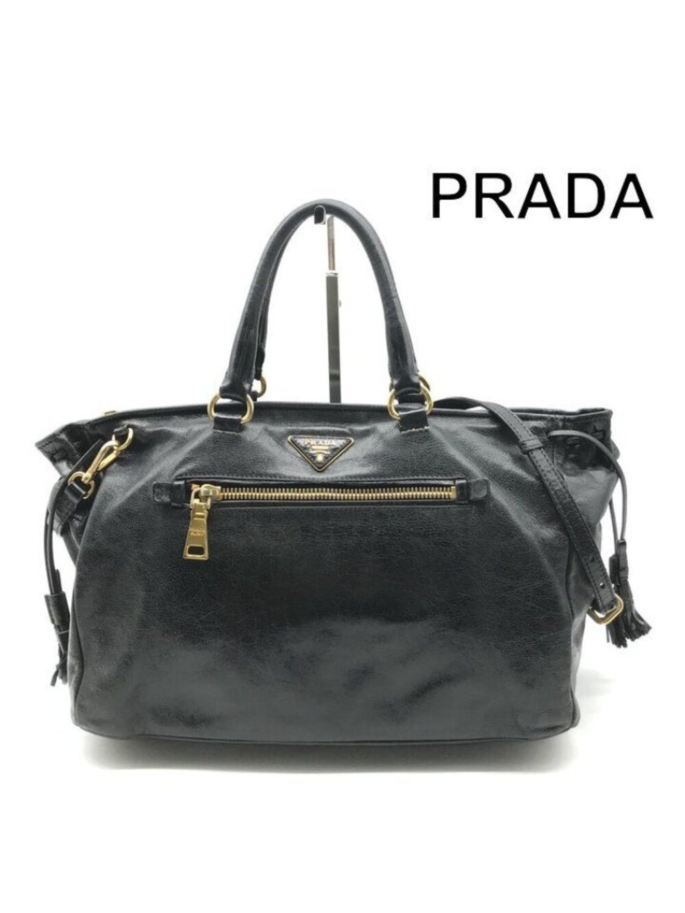Prada Triangle Logo Leather Hand Shoulder 2-Way Bag Black